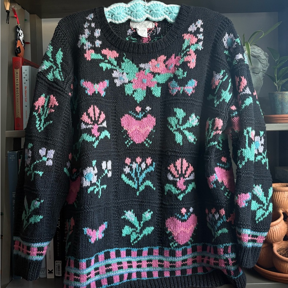 Vintage Lord and Taylor Multicolored Floral Heart Sweater